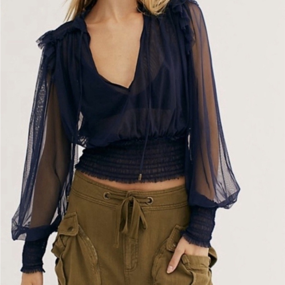 Free People Navy Sheer Tulle Blouse